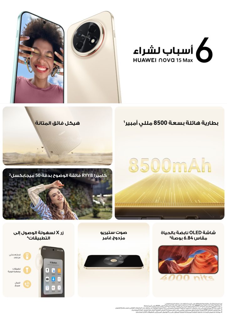 HUAWEI nova 15 Max بطارية 8500mAh و 5 ترقيات MAX بسعر لا يُنافس